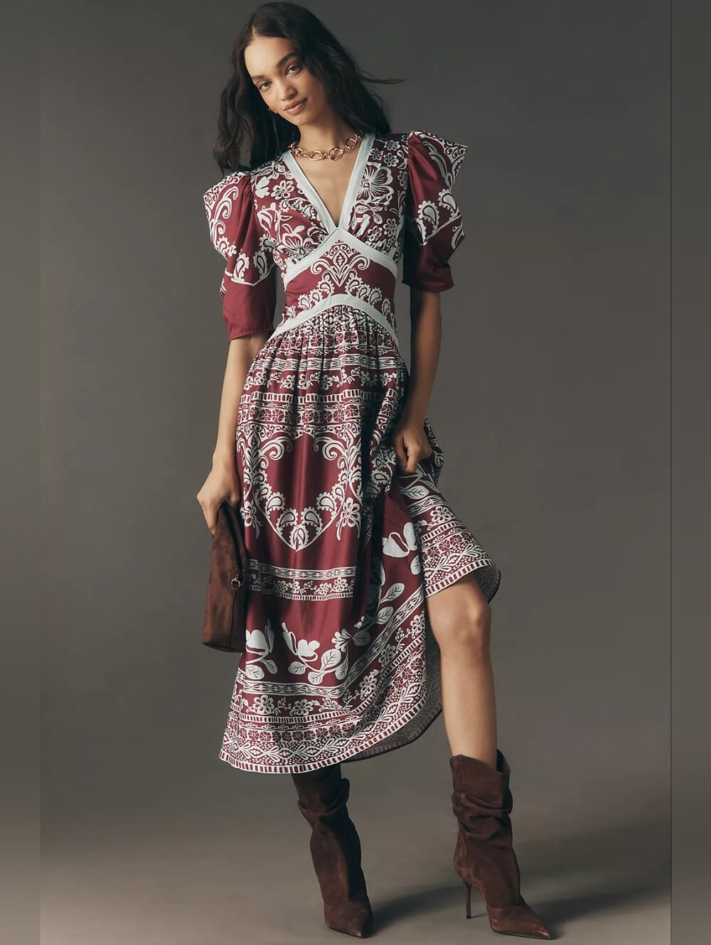Farm Rio x Anthropologie Printed V-Neck Puff-Sleeve Maxi Dress Size XL NWT